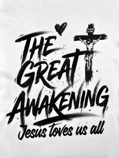 White organic T-shirt with black brush lettering The Great Awakening, a heart and a crucifix